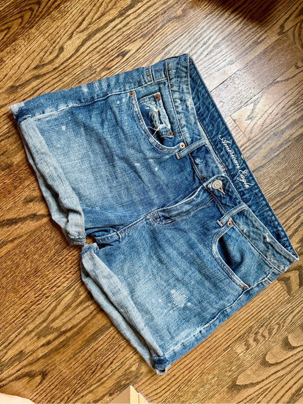 American Eagle Outfitters Dark Blue Denim Shorts with Embroidered Waistband